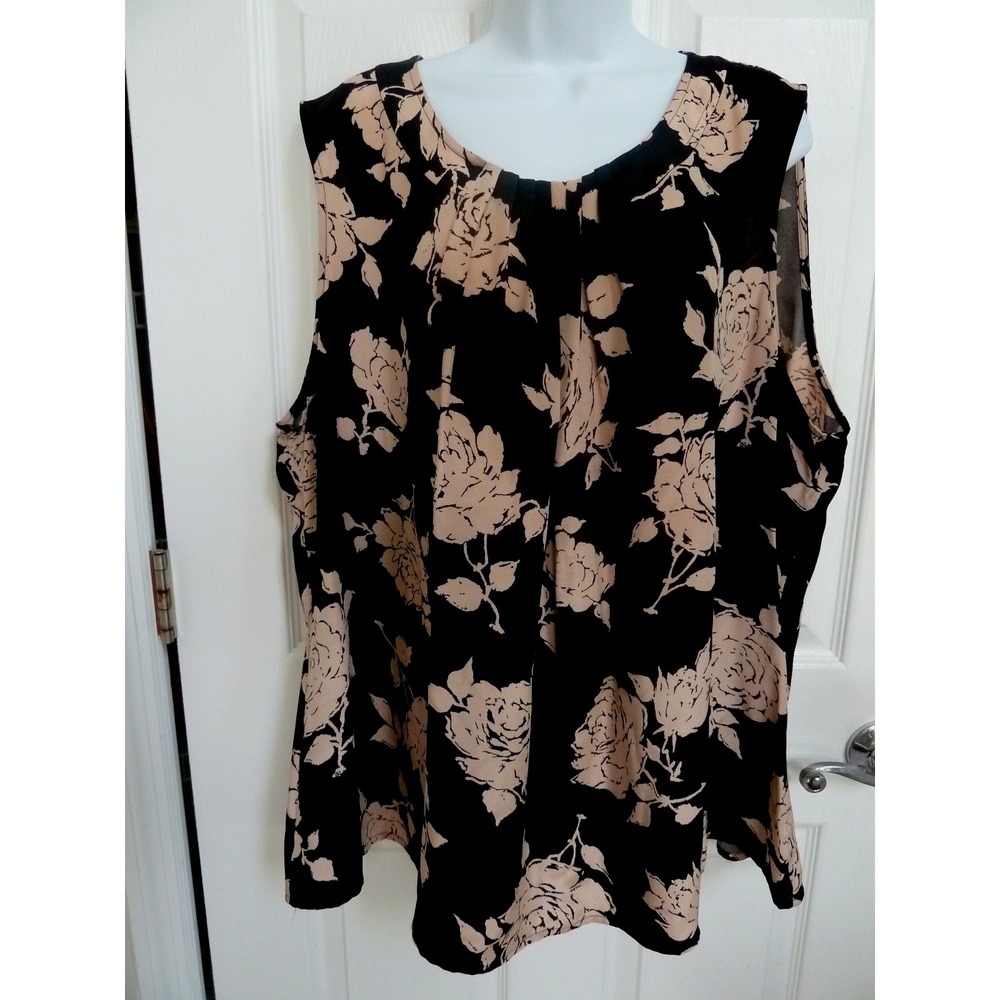 Talbots Woman Plus Size 22W Blouse Black Beige Floral 100% Silk Sleeveless Top